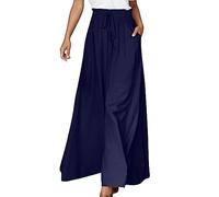 La Svendita di Oggi Pantaloni da Donna Casual Tinta Unita a Gamba Larga Lunghi in Vita con Coulisse e Volant (Navy-1, L)