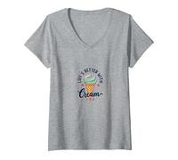 La Vita è Migliore con la Crema Ice Cone Sweet Treat Maglietta con Collo a V, Donna, Grigio Melange, L