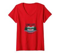 La Vita sul Lago è la Vita Migliore - Nature Lover's Maglietta con Collo a V, Donna, Rosso, M