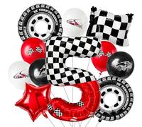 Laackys Palloncino in lamina digitale a tema corse da 101,6 cm, con motivo a scacchi bianchi e neri ed elementi da corsa rossi, perfetto per decorazioni per feste di compleanno ed eventi a tema corse