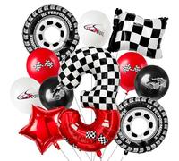 Laackys Palloncino in lamina digitale a tema corse da 101,6 cm, con motivo a scacchi bianchi e neri ed elementi da corsa rossi, perfetto per decorazioni per feste di compleanno ed eventi a tema corse
