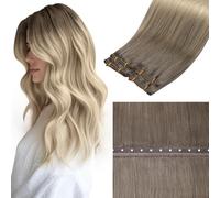 LaaVoo Butterfly Weft Extension Capelli Veri Tessitura Farfalla PU Balayage Marrone Chiaro e Biondo Platino 45cm 50g, Capelli Remy Lisci, Morbidi e Setosi, Sposa e Matrimonio #8-18-60