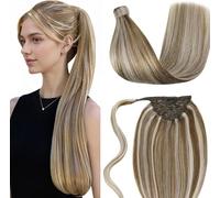 LaaVoo Coda Capelli Extension Remy Umani Lisci Coda 45cm Extension Capelli Veri Con Clip Ponytail Extension Wrap Around Marrone Chiaro con Biondo Highlighted 80g #p8/60