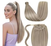 LaaVoo Coda Extension Capelli Veri 100% Umani Lisci Coda Capelli Extension Veri Con Clip Biondo Sporco Highlight Biondo Candido 40 cm 80g #18/613