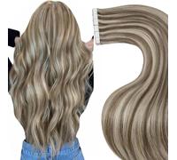 LaaVoo Extension Biadesive Capelli Veri 20pz Marrone Chiaro con Biondo Highlighted Umani Lisci Remy Extension Capelli Veri Biadesivo Invisibile Adesive 45cm 50g #P8/24