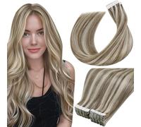 LaaVoo Extension Biadesive Capelli Veri 40pz - Marrone Chiaro con Biondo Highlighted Capelli Lisci Remy - Extension Capelli Veri Biadesivo Invisibile Adesive 45cm 100g #P8/24