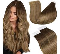LaaVoo Extension Biadesive Capelli Veri 45cm Umani Lisci Remy Extension Capelli Veri Invisibile Adesive Marrone Ombre a Marrone Chiaro 50g 20pz #6/8/14