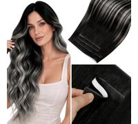 LaaVoo Extension Biadesive Capelli Veri Genius PU Trama Lunga Nero Naturale con Silver 45cm 90g 4pcs,Capelli Remy,Leggeri e Morbidi,Uso Domestico #1B-S-1B