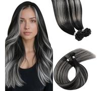 LaaVoo Extension Capelli Veri Cheratina Nero con Silver Naturale 35cm 40g 50 Ciocche, U Tip pre bonded, Invisibili e Naturali, per Uso Quotidiano #1b-s-1b