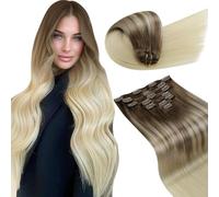 LaaVoo Extension Capelli Veri Clip 120g 7pcs Balayage Marrone Chiaro con Biondo Chiaro Extension con Clip Remy Naturali Liscio Extension Capelli Clip Umani Invisibile 45cm #8/59
