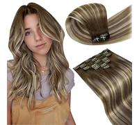 LaaVoo Extension Capelli Veri Clip 120g 7pcs Balayage Marrone Scuro a Marrone Chiaro e Biondo Extension Clip Capelli Umani Corti Lisci Invisibile Extension con Clip Remy 35 cm #3/8/24