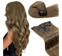 LaaVoo Extension Capelli Veri Clip 150g 50 cm 7pcs Marrone Ombre a Marrone Chiaro Extension con Clip Remy Naturali Liscio Extension Clip Capelli Umani Lunghi Lisci Invisibile #6/8/14
