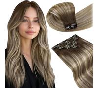 LaaVoo Extension Capelli Veri Clip 45 cm 120g 7pcs Balayage Marrone Scuro a Marrone Chiaro e Biondo Extension con Clip Remy Naturali Liscio Extension Clip Fascia Unica #3/8/24