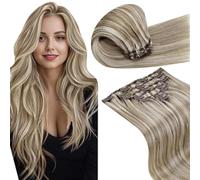 LaaVoo Extension Capelli Veri Clip 45 cm 7pcs 120g Marrone Chiaro con Biondo Highlighted Extension con Clip Remy Liscio Extension Clip Capelli Umani Lunghi Lisci Invisibile #P8/60