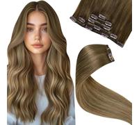 LaaVoo Extension Capelli Veri Clip 50 cm Marrone Ombre a Marrone Chiaro Extension Con Clip Capelli Umani Lunghi Lisci Invisibile 80g 5pcs #6/8/14