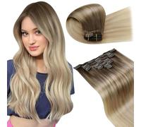 LaaVoo Extension Capelli Veri Clip 55 cm 120g 7pcs Extension con Clip Remy Naturali Liscio Balayage Marrone Chiaro a Biondo Cenere e Bionda Platino Extension Clip Capelli Veri #8/18/60