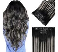 LaaVoo Extension Capelli Veri Clip 55cm 100g PU Invisibile Nero con Silver Naturale Extension Clip Capelli Veri Umani Lisci Extension Capelli Clip Seamless 4pcs #1b/s/1b