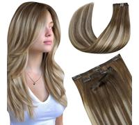 LaaVoo Extension Capelli Veri Clip 7 Pezzi 100g 45cm, PU Invisibile Senza Cucitura, Balayage Marrone Chiaro e Biondo Platino #8/60/8, Aggiunge Volume e Lunghezza Donne