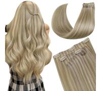 LaaVoo Extension Capelli Veri Clip 7 Pezzi 130g 55cm, PU Invisibile Senza Cucitura, Biondo Sabbia con Mèches #16/22, Aggiunge Volume e Lunghezza Donne