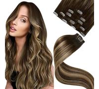LaaVoo Extension Capelli Veri Clip, Balayage Marrone Cioccolato a Caramello e Biondo, 50cm 80g, Capelli Umani, Setosi e Lucenti, per Look alla Moda, 5pcs Colore 4-4-27