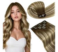 LaaVoo Extension Capelli Veri Clip, Balayage Marrone Scuro a Marrone Chiaro e Biondo, 50cm 80g, Capelli Umani, Setosi e Lucenti, per Look alla Moda, 5pcs Colore 3-8-24