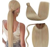 LaaVoo Extension Capelli Veri Coda Umani Lisci Coda Extension Capelli Veri Naturali Marrone e Highlight Biondo 45 cm 80g #12/24