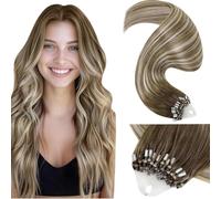LaaVoo Extension Capelli Veri Microring 45cm 50g 50ciocche Balayage Extension Microring Capelli Veri Remy Lisci Marrone Chiaro Con Biondo Platino a Marrone Chiaro #8/60/8