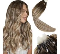 LaaVoo Extension Capelli Veri Microring Balayage Marrone Scuro a Marrone Chiaro e Biondo Extension Microring Capelli Veri Remy Lisci 45cm 50g 50ciocche #3/8/24