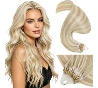 LaaVoo Extension Capelli Veri Microring Leggeri e Invisibili | Biondo Chiaro con Riflessi Dorati, 40cm 50g 50 ciocche, Capelli Remy, per Sposa e Matrimonio, Colore P16-22