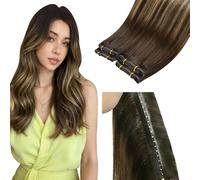 LaaVoo Extension Capelli Veri Tessitura Farfalla PU 60cm 100g Butterfly Weft Invisibile Senza Cucitura Balayage Marrone Scuro Mix Biondo Caramello #4/4/27