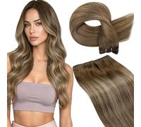LaaVoo Extension Capelli Veri Tessitura Marrone a Biondo Scuro Highlight, Matassa Morbida Remy, Setosi, per Sposa e Matrimonio 35cm 80g #8-16-8