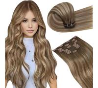 LaaVoo Extension Clip Capelli Veri, Balayage Marrone Chiaro a Biondo Chiaro e Biondo Scuro, 45cm 135g 7pcs, Capelli Umani Remy, Pienezza e Volume, per Matrimonio, Colore 8-16-8