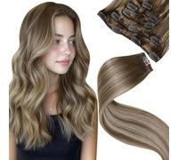 LaaVoo Extension Clip Capelli Veri, Balayage Marrone Chiaro a Biondo Platino e Marrone Chiaro, 50cm 80g, Capelli Umani, Setosi e Lucenti, per Look alla Moda, 5pcs Colore 8-60-8