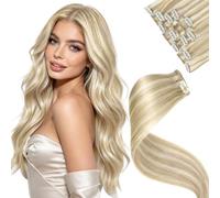 LaaVoo Extension Clip Capelli Veri, Biondo Chiaro con Riflessi Dorati, 50cm 80g, Capelli Umani, Setosi e Lucenti, per Look alla Moda, 5pcs Colore P16-22