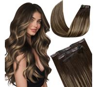 LaaVoo Extension Clip Capelli Veri PU Invisibile 50cm 100g Marrone Scuro Mix Biondo Caramello Balayage Extension Capelli Veri Clip Senza Cucitura 7pcs #4/4/27