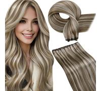 LaaVoo Extension Tessitura Capelli Veri 45cm 100g Marrone Chiaro con Biondo Highlighted Extension Capelli Veri Tessitura Umani Lisci Extensions Matassa Capelli Remy #p8/60