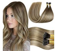 LaaVoo Itip Extension Capelli Veri Balayage Marrone Scuro a Marrone Chiaro e Biondo I Tip Extension Capelli Umani Reali Extension I Tip Capelli Veri Remy Lisci 45cm 50g 50s #3/8/24