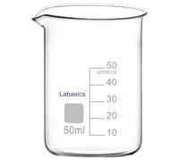Labasics Bicchiere di Vetro, 1 Confezione, Bicchiere di Vetro Borosilicato a Forma Bassa Graduato Griffin con Beccuccio Versatore, 50 ml, Resistenza ad Alta Temperatura, Uso in Laboratorio