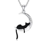 LABBAO Collana con ciondolo a forma di luna e animale, da donna, in argento Sterling 925, con gatto nero, bradio/drago/unicorno/volpe, con diamanti lab-grown, Diamante Argento sterling, Diamante