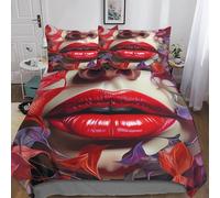 Labbra rosse Microfibra Copripiumino Lenzuola Letto Motivo Per Bambini Adulto Set Biancheria,Matrimoniale Con 3 Pezzi Amore Tema sexy Copripiumino,Anti-acaro Facile Da Curare King(220x240cm)