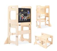 Labebe Montessori Torre per bambini, 3 in 1 pieghevole Torre didattica, Scala Sgabello per bambini con lavagna, Montessori Legno torretta per utensili da cucina a partire da 18 mesi (Legno)