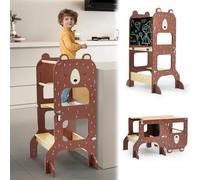 labebe torre montessoriana bambini, grandi dimensioni torre montessoriana pieghevole in legno, torretta montessoriana multifunzionale 3 in 1 con lavagna-orso bruno