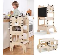 labebe torre montessoriana bambini,multifunzionale torre montessoriana pieghevole in legno, 3 in 1 Torre di apprendimento per bambini trasformabile con lavagna-tigri