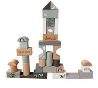 Label Label - Blocchi da costruzione in legno, 50 pezzi, colore verde oliva, giocattolo in legno personalizzato con nome, Montessori, impilabili e ad incastro, regalo per battesimo, nascita o