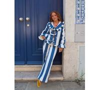 Labelrail x Rebecca Olivia - Pantaloni con fondo ampio a righe stile circo navy e crema-Blu navy 34