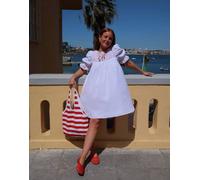 Labelrail x Rebecca Olivia - Vestito midi bianco e rosso con maniche a sbuffo e arricciatura 34