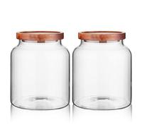Labina Barattoli in vetro con coperchio in legno, contenitori in vetro a collo largo con coperchio, ermetici con coperchio per zucchero, biscotti, spaghetti, noci e caramelle, 2 x 1800 ml