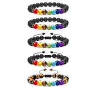LABOTA 5 Pezzi Braccialetto Lava Beads, 7 Chakra Pietra Guarigione Yoga Meditazione Bracciale Elastico con Oli Essenziali per Le Uomo e Donna