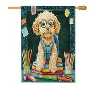 Labradoodle Cane Matite Libri Bandiere Casa 71x101 Pollici Doppio Lato per Esterno, Rientro a Scuola Cucciolo Standard Verticale Tela Home Flag, Fun Class Front Yard Backyard Stampa Bandiera