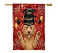 Labradoodle Dog Congrats Grad Front Yard Backyard Vertical House Flags 28x40 Double Face per esterni, bandiera stampata per la casa di laurea per cuccioli, decorazione per la casa e le celebrazioni